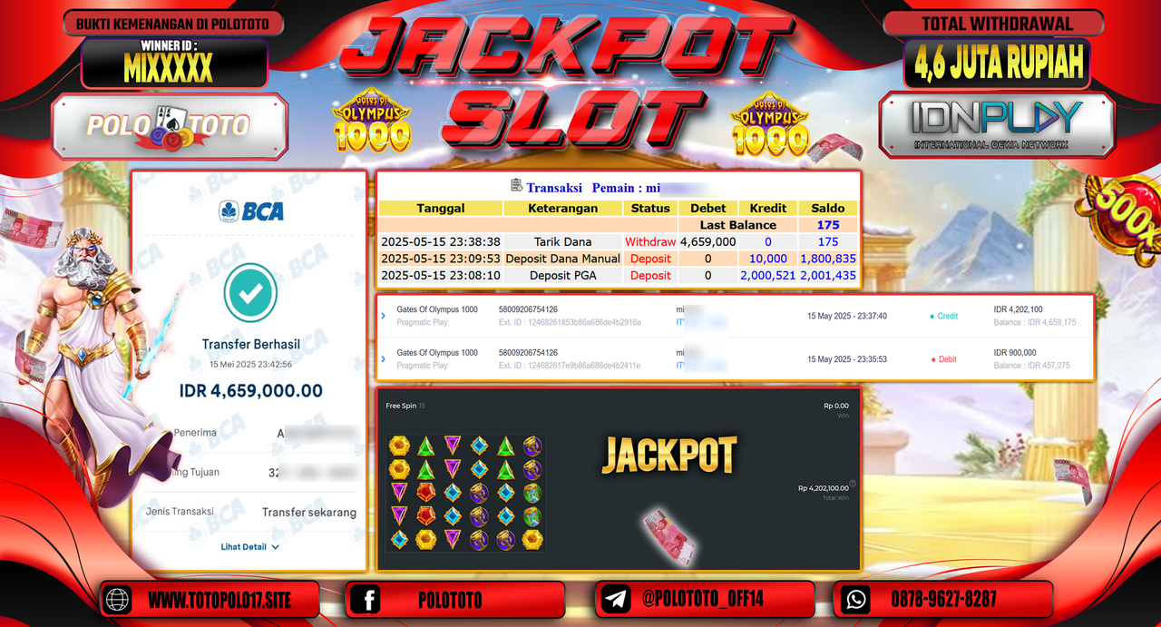 POLOTOTO JACKPOT SLOT GATES OF OLYMPUS 1000 Rp.4.659.000,-