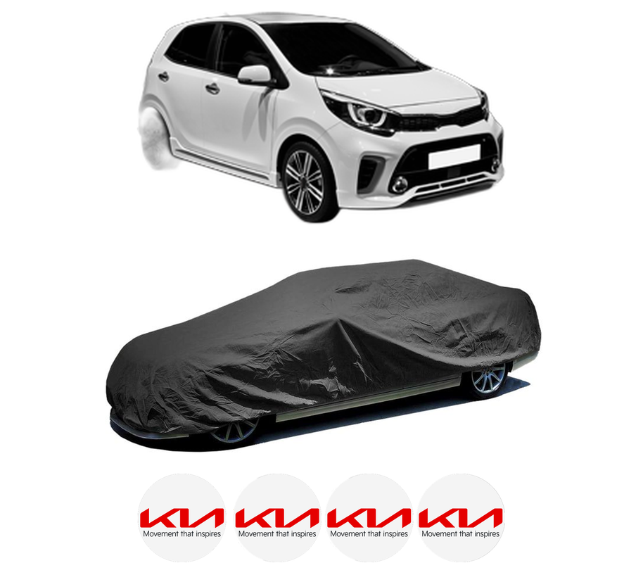 Husa tip prelata auto pentru KIA PICANTO III (JA) din 2017-2020, Culoare Negru, material textil impermeabil, rezistanta la intemperii praf UV, CARPASSION Husa Protectie, 4 Stickere auto cu KIA