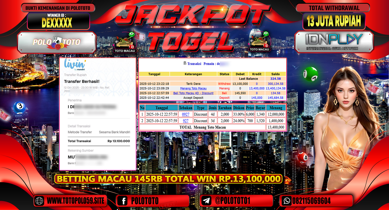 POLOTOTO JACKPOT TOGEL TOTO MACAU Rp.13.000.000,- LUNAS