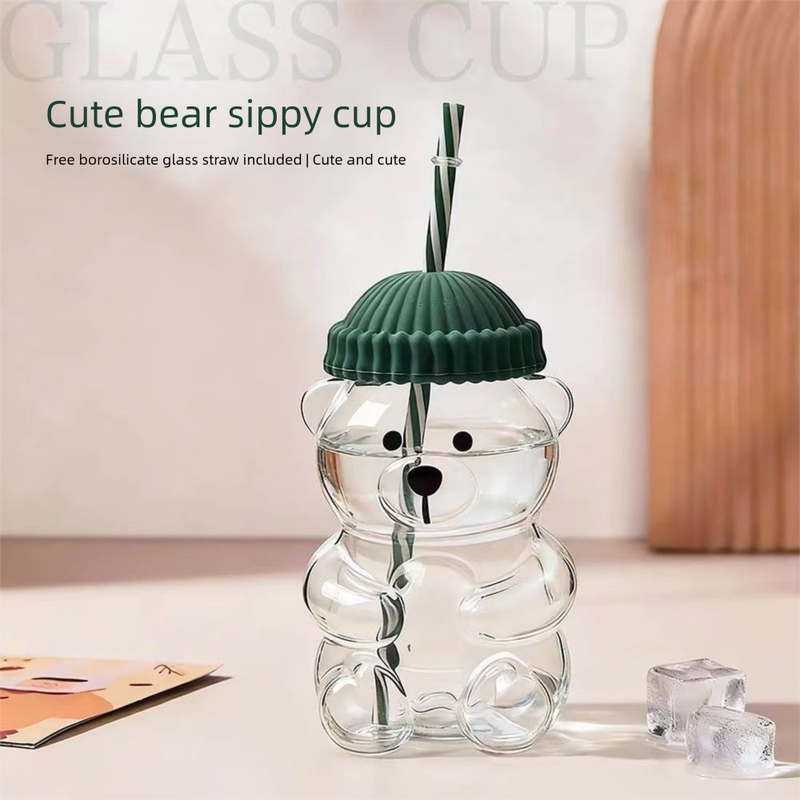 Creative Bear Shape Glass Water Bottle with Straw Cute Cartoon Coffee Cup and Cold Drink Tumbler – Orange Hat Bear Edition