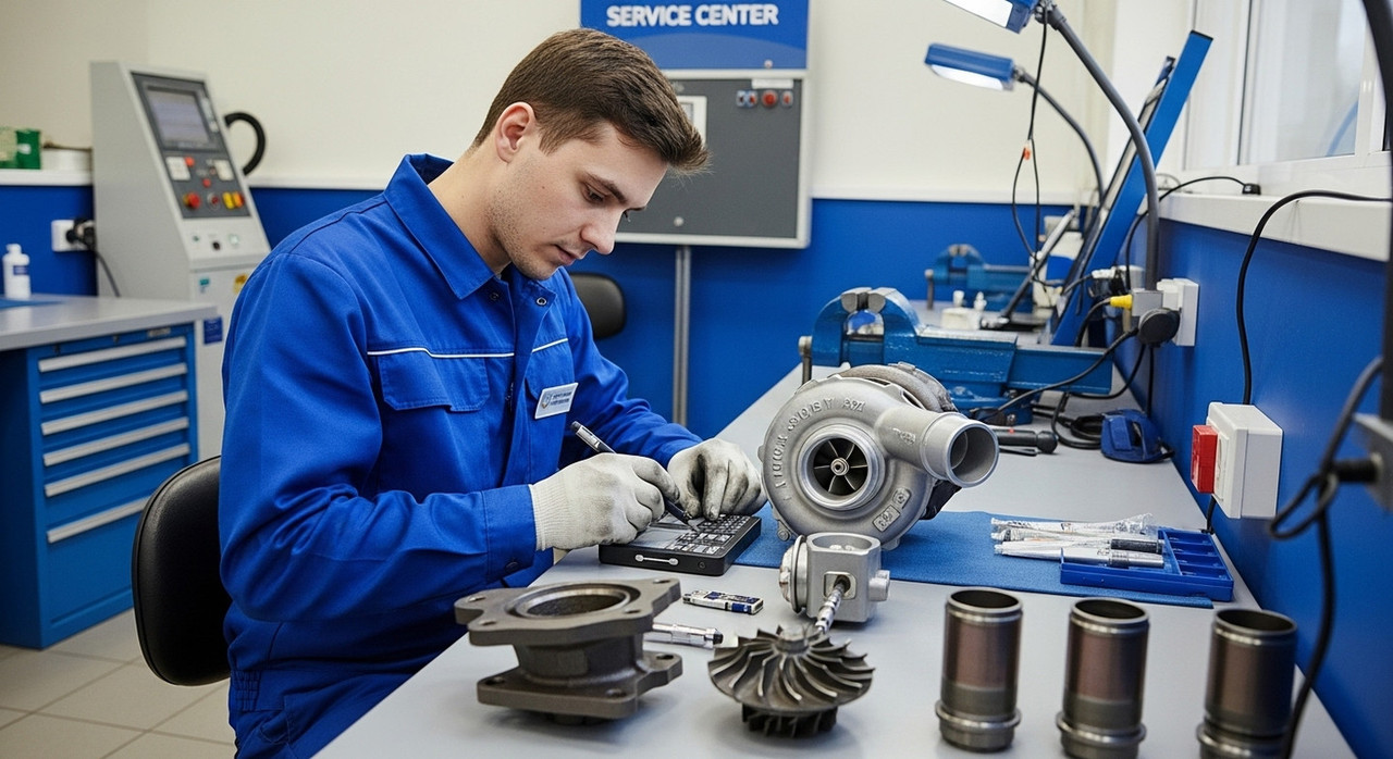 Механик в сервисе диагностирует турбину дизельного двигателя, ремонт и обслуживание, акцент на роли сервиса в продлении ресурса турбокомпрессора