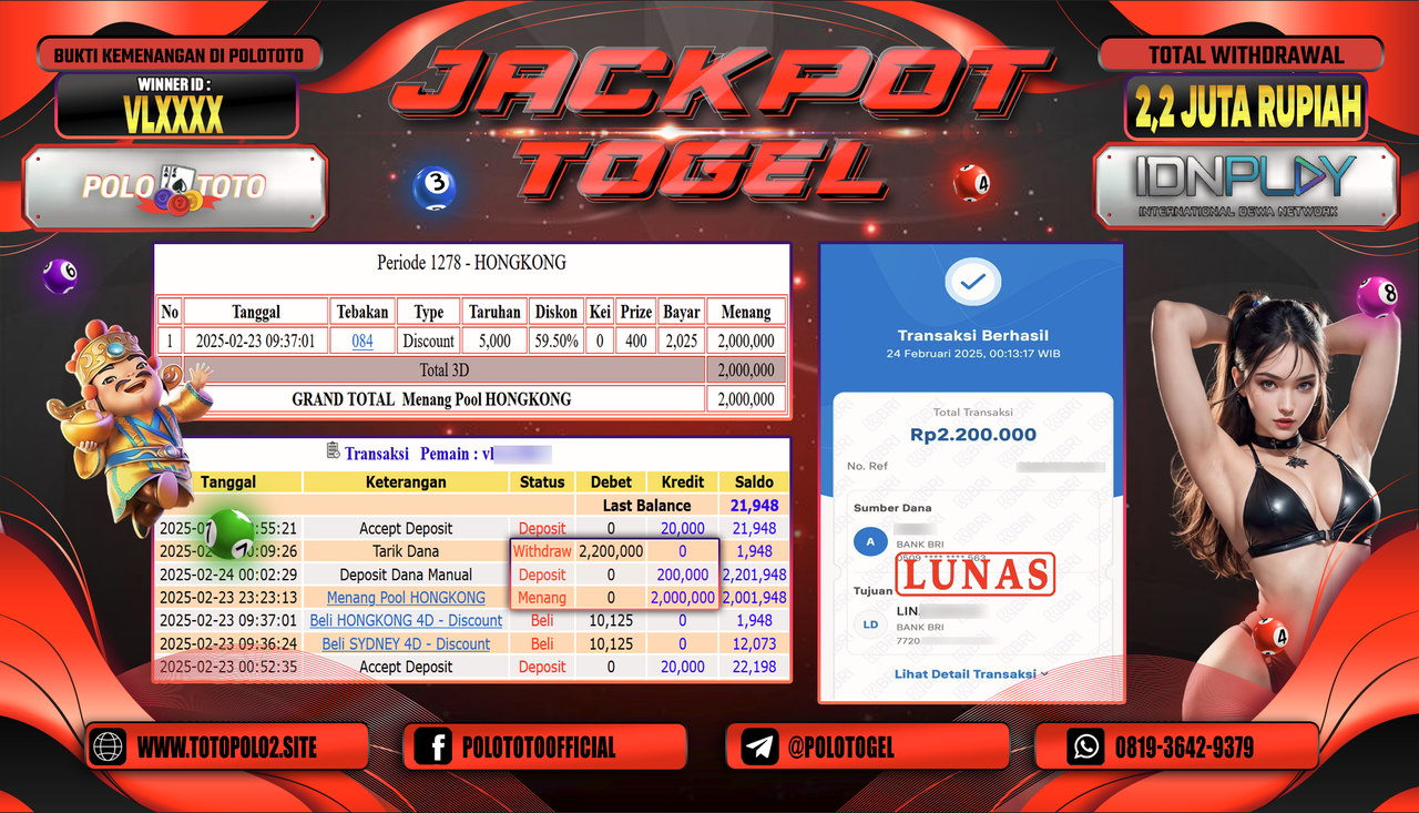 POLOTOTO JACKPOT TOGEL PASARAN HONGKONG Rp.2.200.000,- LUNAS