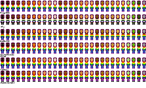 a row of people with pride flag shirts and darker pink hair