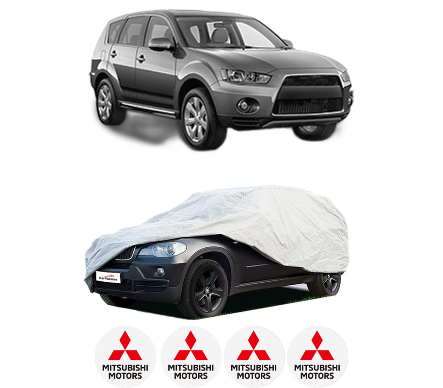 Husa tip prelata auto pentru MITSUBISHI OUTLANDER III (GG_W, GF_W, ZJ, ZL, ZK) din 2012-2022, Culoare Gri, material textil impermeabil, rezistanta la intemperii praf UV, CARPASSION Husa Protectie, 4 Stickere auto cu MITSUBISHI