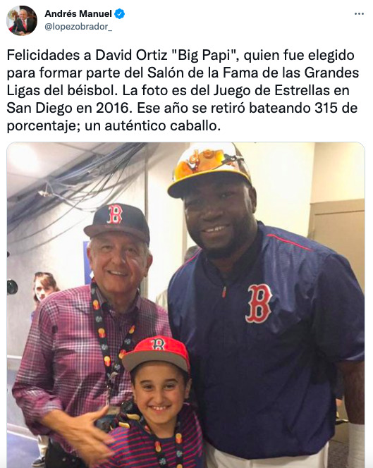 David Ortiz recibe felicitación de López Obrador por ingresar al Salón de la Fama