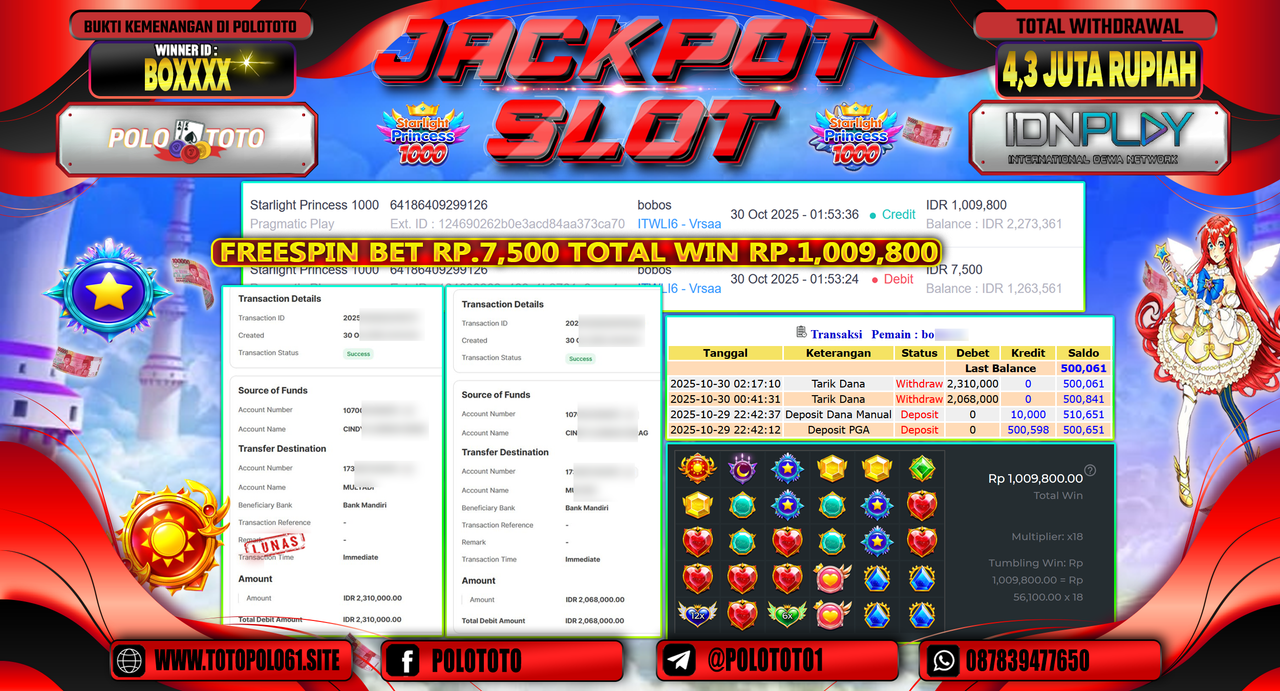 POLOTOTO JACKPOT SLOT STARLIGHT PRINCESS 1000 Rp.4.300.000,- LUNAS