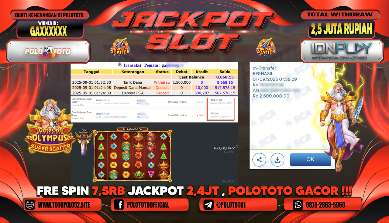 POLOTOTO JACKPOT SLOT GATES OF OLYMPUS SUPER SCATTER Rp.2.500.000,-