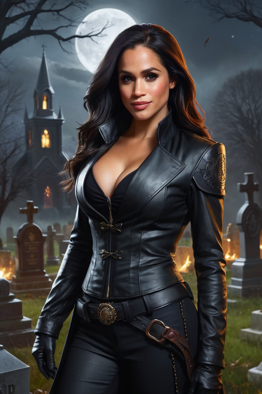 524186186 meghan markle steampunk vampire hunter in a graveyard at night 0007