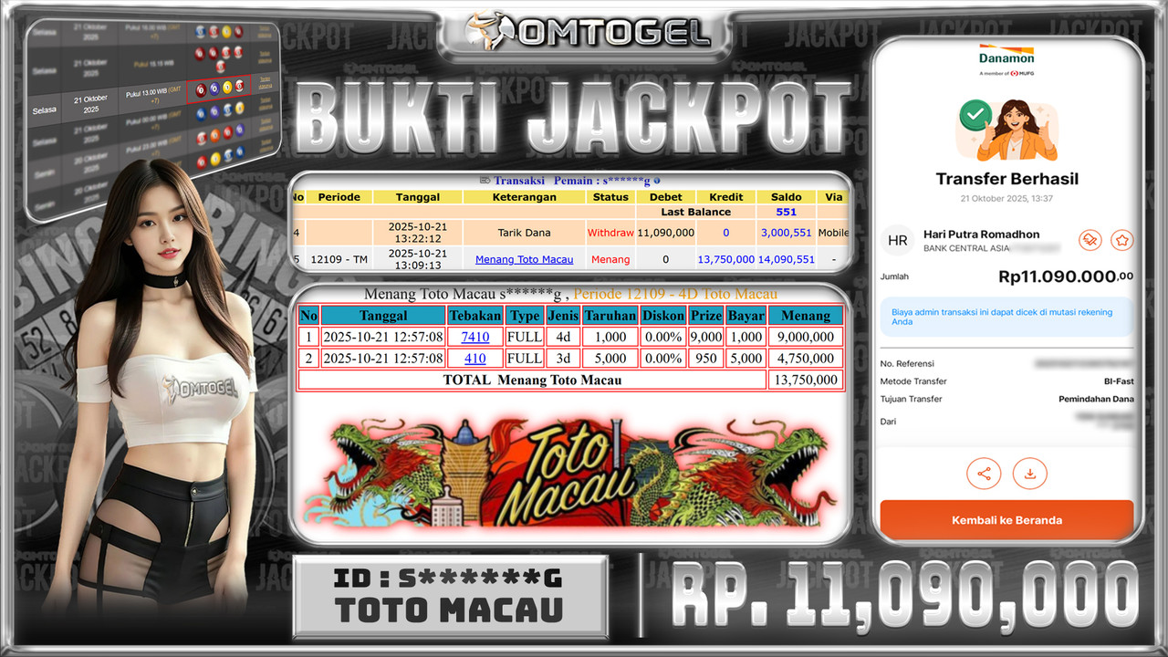 OMTOGEL JACKPOT TOTO MACAU 4D 3D 11 JUTA DI BAYAR LUNAS ,-