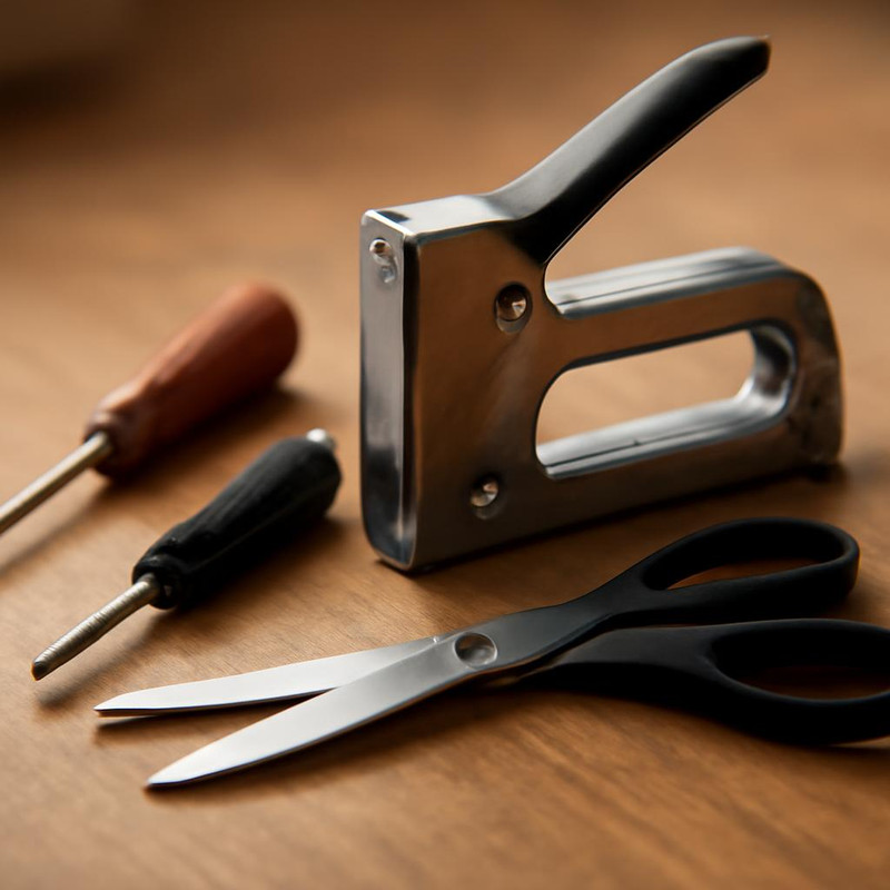 Инструменты для перетяжки дивана: степлер, ножницы и отвертки на столе