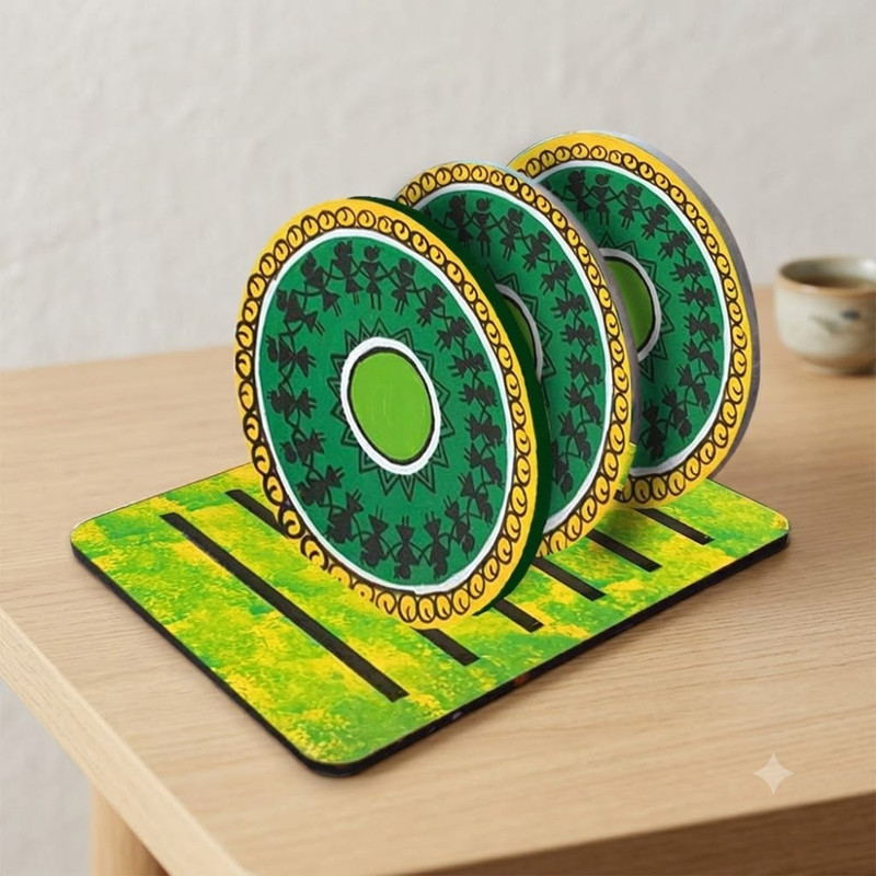 Warli Painting on Round Tea Coasters with Stand DIY Kit