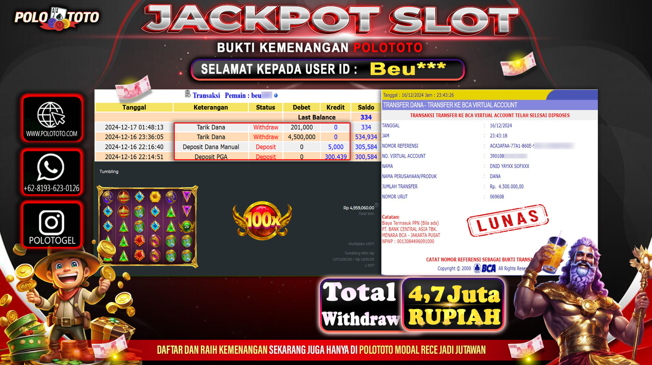 POLOTOTO JACKPOT SLOT GATES OF OLYMPUS Rp.4,701.000,-