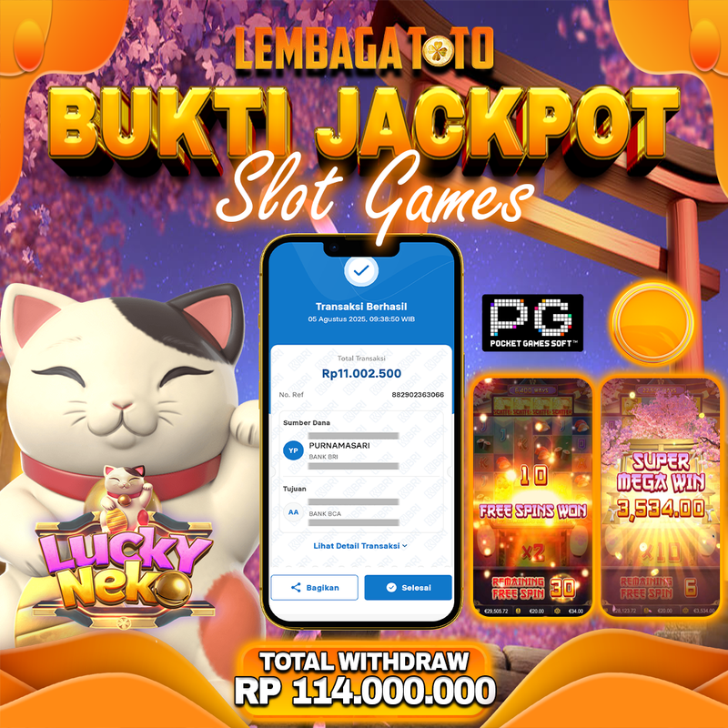 BUKTI JACKPOT 06 AGUSTUS LEMBAGATOTO LUCKY NECKO Rp.11.000.000,- LUNAS
