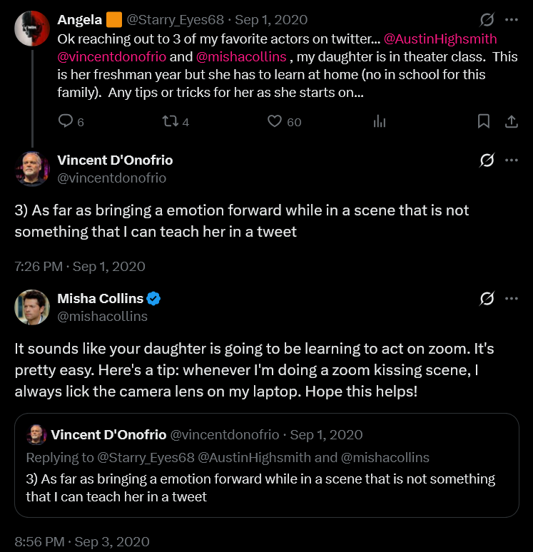 P. misha telling a parent to have their teenage daughter lick the camera for at-home acting classes