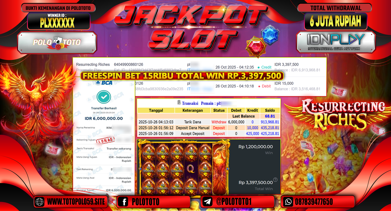 POLOTOTO JACKPOT SLOT RESURRECTING RICHES Rp.6.000.000,- LUNAS