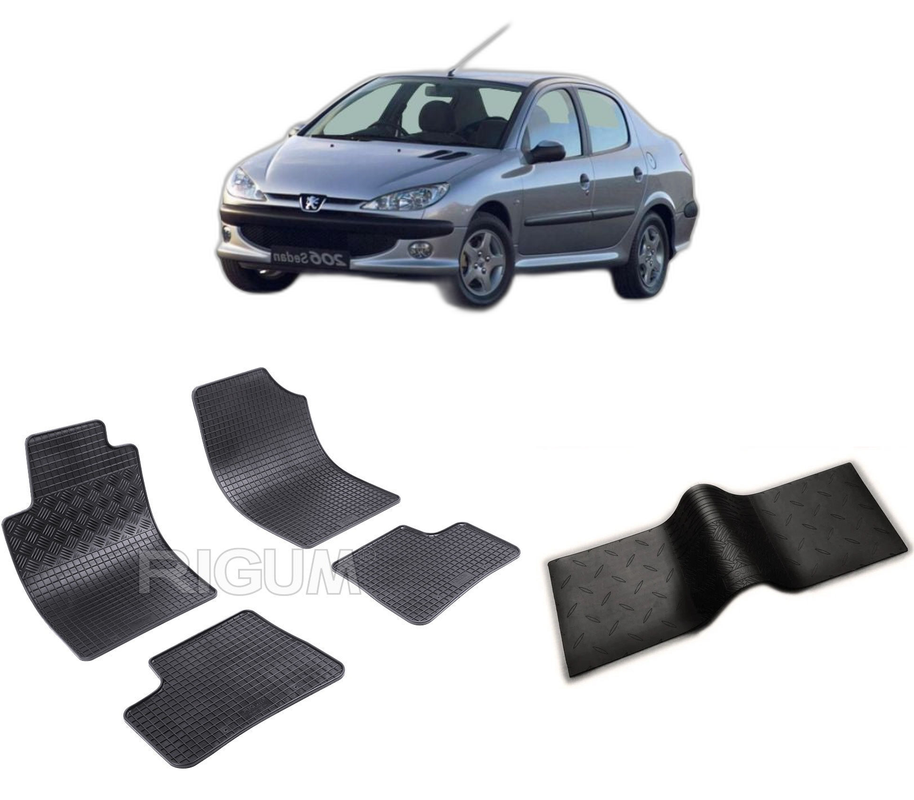 Set covorase auto PEUGEOT 206 din 1998-2010, cu covoras tunel median, CAROSERIE SEDAN, Presuri cauciuc 100%, compatibil cu autoturismul PEUGEOT 206, Rigum