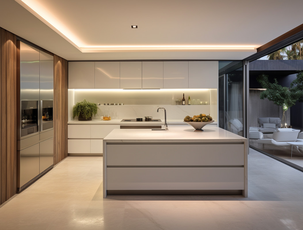 Modern Open Kitchen Design with Handle-less Drawers and Tall Units