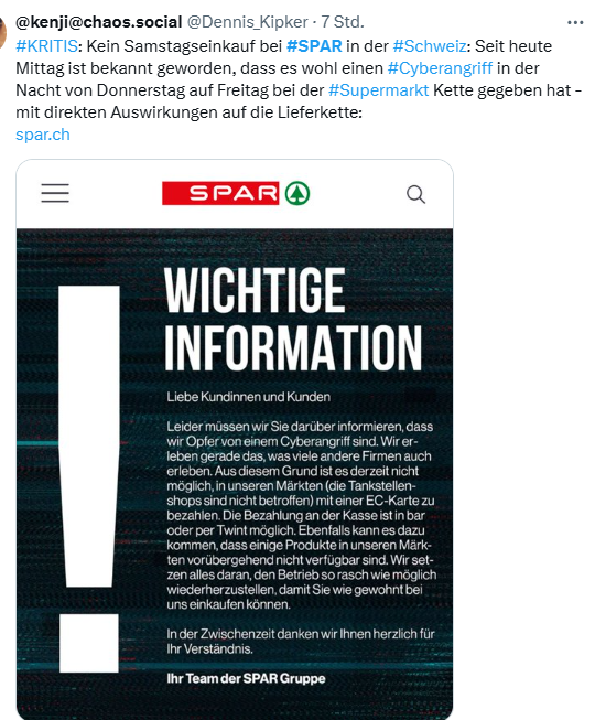 SPAR-Mitteilung an Kunden