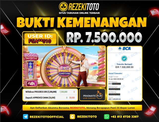 BUKTI KEMENANGAN 14 JULI 2025  SWEET BONANZA CANDYLAND 7 JUTA 