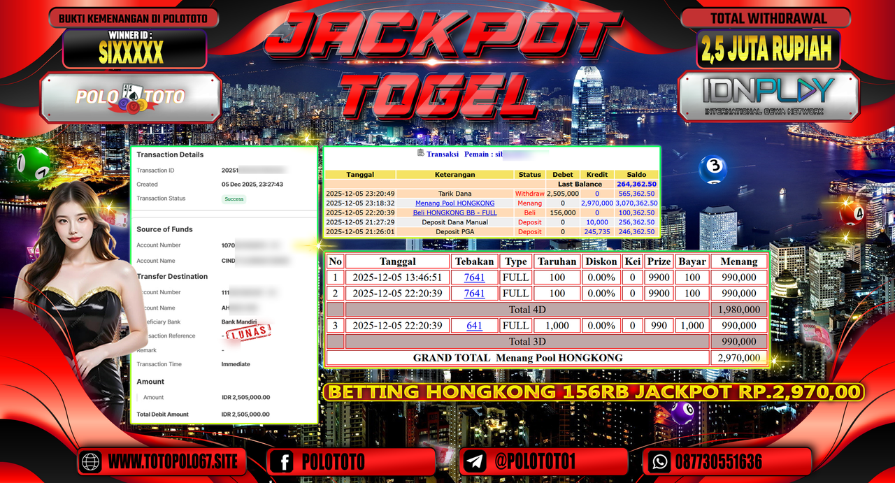 POLOTOTO JACKPOT TOGEL MENANG HONGKONG LOTTO Rp.2.500.000,- LUNAS