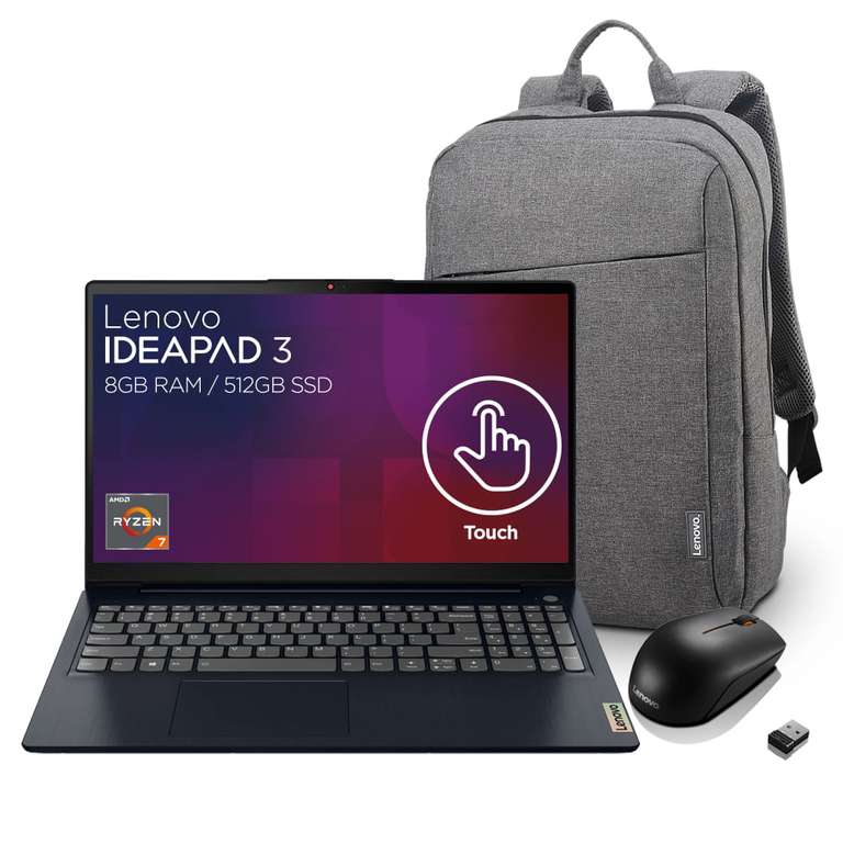 Elektra: Laptop Lenovo IdeaPad 3 15ALC6, AMD Ryzen 7, 8GB, 512GB SSD, Win 11, audio Dolby, Pantalla Touch FHD 15.6 más Mochila y Mouse 