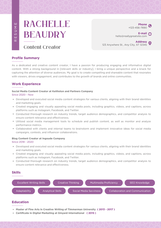 Purple-Simple-Minimalist-Content-Creator-Resume preview