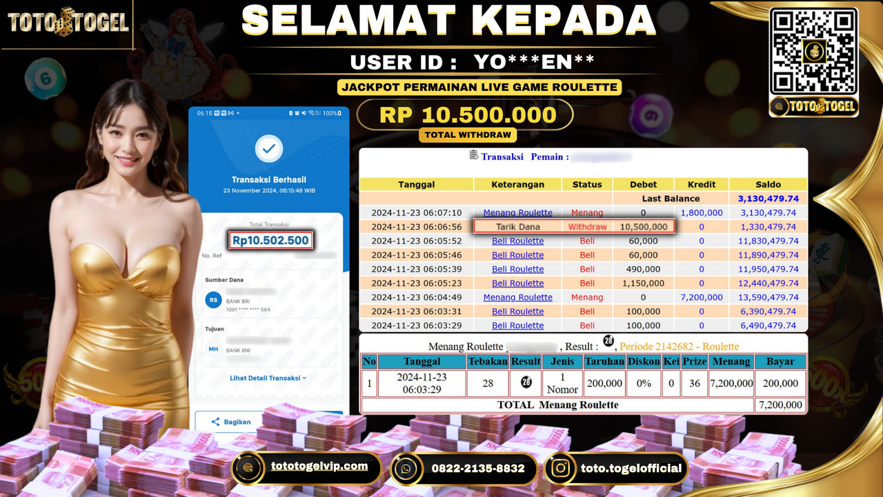 Bukti Pembayaran Jackpot Permainan Live Game Roulette  ID: YO***EN** LUNAS 
