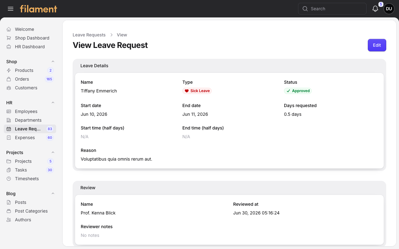 Stature Theme Leave Request view page in light mode