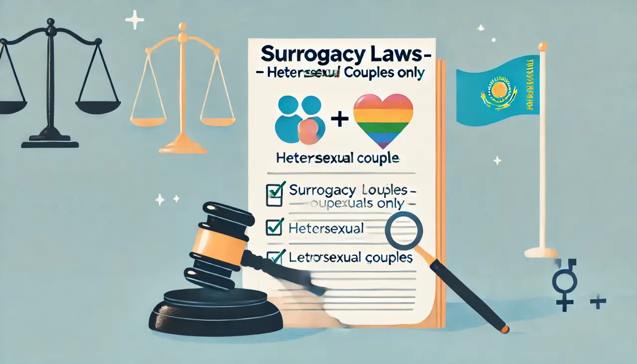 Illustration of a legal document on surrogacy in Kazakhstan, highlighting that it is restricted to heterosexual couples.