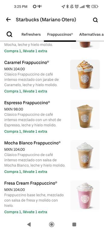 Uber Eats: Starbucks frapuccinos 2x1 
