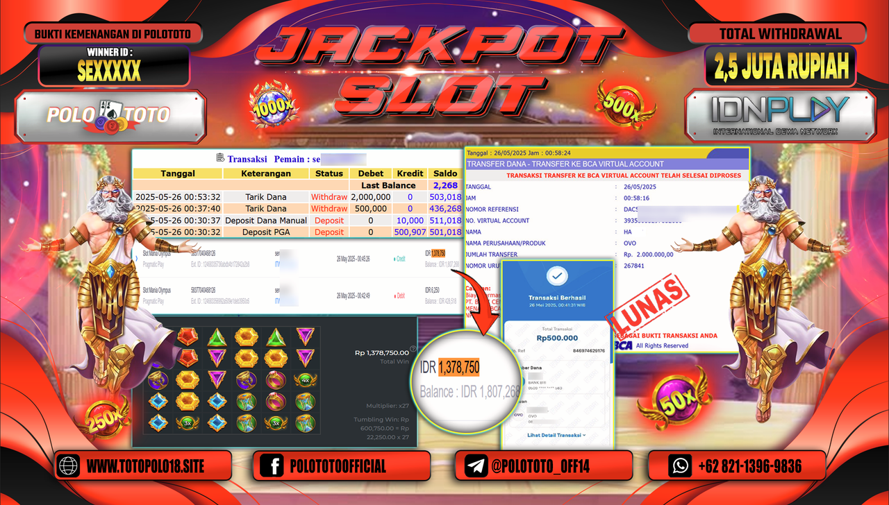 POLOTOTO JACKPOT SLOT MANIA OLYMPUS Rp.2.500.000,-