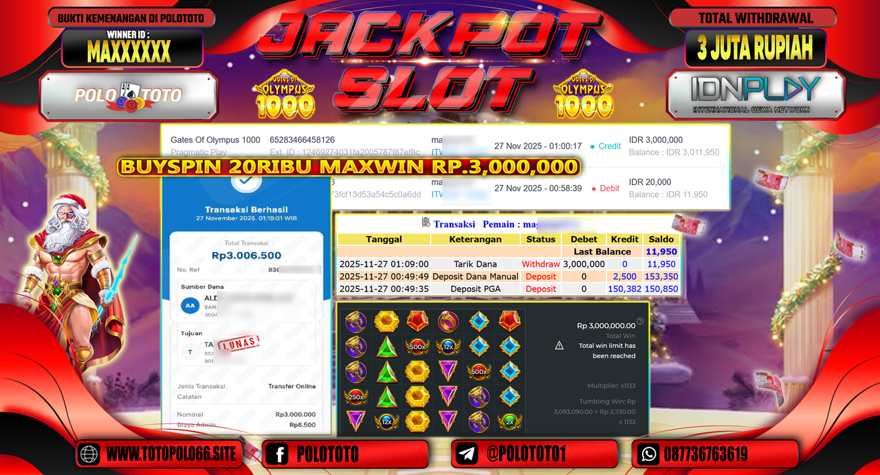 POLOTOTO JACKPOT SLOT GATES OF OLYMPUS 1000 Rp.3.000.000,- LUNAS