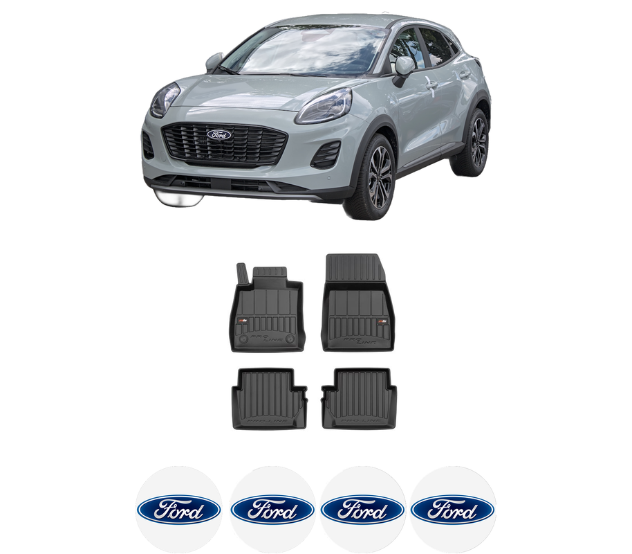 Set covorase presuri FORD PUMA (J2K, CF7) din 2019-2021, auto, din cauciuc thermoplastic, 4 Stickere auto cu FORD