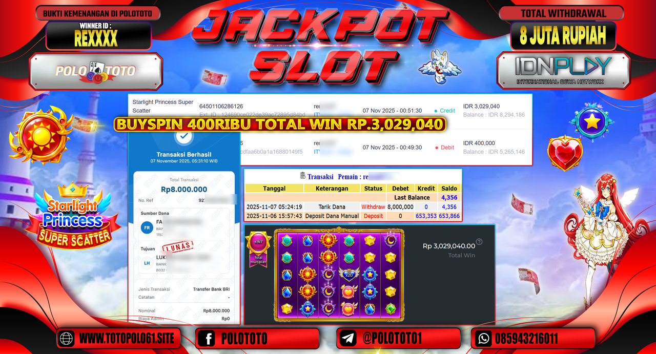 POLOTOTO JACKPOT SLOT STARLIGHT PRINCESS SUPER SCATTER Rp.8.000.000,- LUNAS