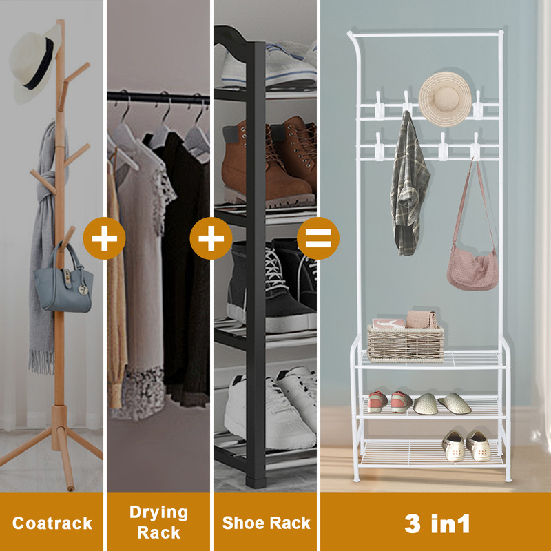 BIGZZIA Garderobenständer, 3 In 1 Garderobenständer Stabil Kleiderstange Mit 3 Schichten Schuhregal Und Abnehmbaren Haken Kleiderständer Freistehender Für Schlafzimmer Weiß 14 BIGZZIA Garderobenständer, 3 In 1 Garderobenständer Stabil Kleiderstange Mit 3 Schichten Schuhregal Und Abnehmbaren Haken Kleiderständer Freistehender Für Schlafzimmer Weiß -Möbelhaus