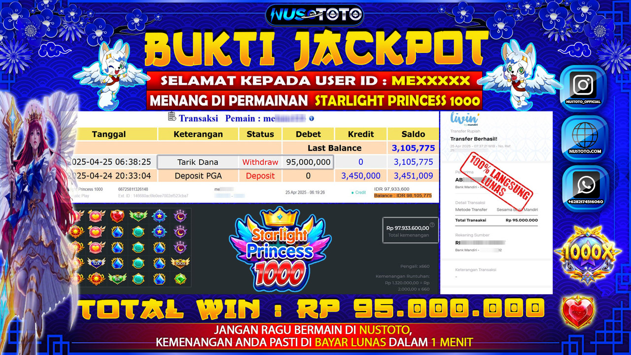 JACKPOT !! MENANG BESAR DI SLOT STARLIGHT PRINCESS 1000 Rp. 95.000.000 LANGSUNG DI BAYAR LUNAS NUSTOTO !!