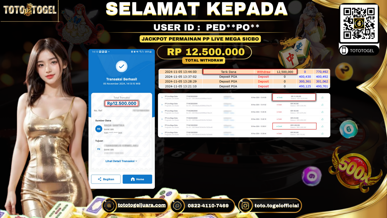 Bukti Pembayaran Jackpot Permainan Pragmatic Live Dealer Mega Sicbo  ID:PED**PO** LUNAS 