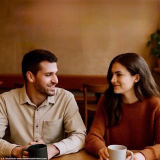 A man and woman sit at a cozy coffee shop table, both holding mugs and smiling at each other. The scene shows warmth and connection, representing emotional closeness between characters.
