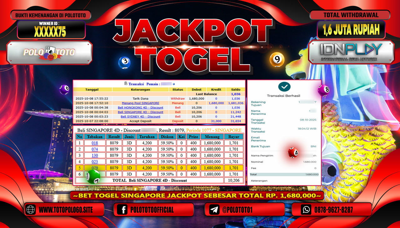 POLOTOTO JACKPOT TOGEL POOL SINGAPORE Rp.1.600.000,- LUNAS