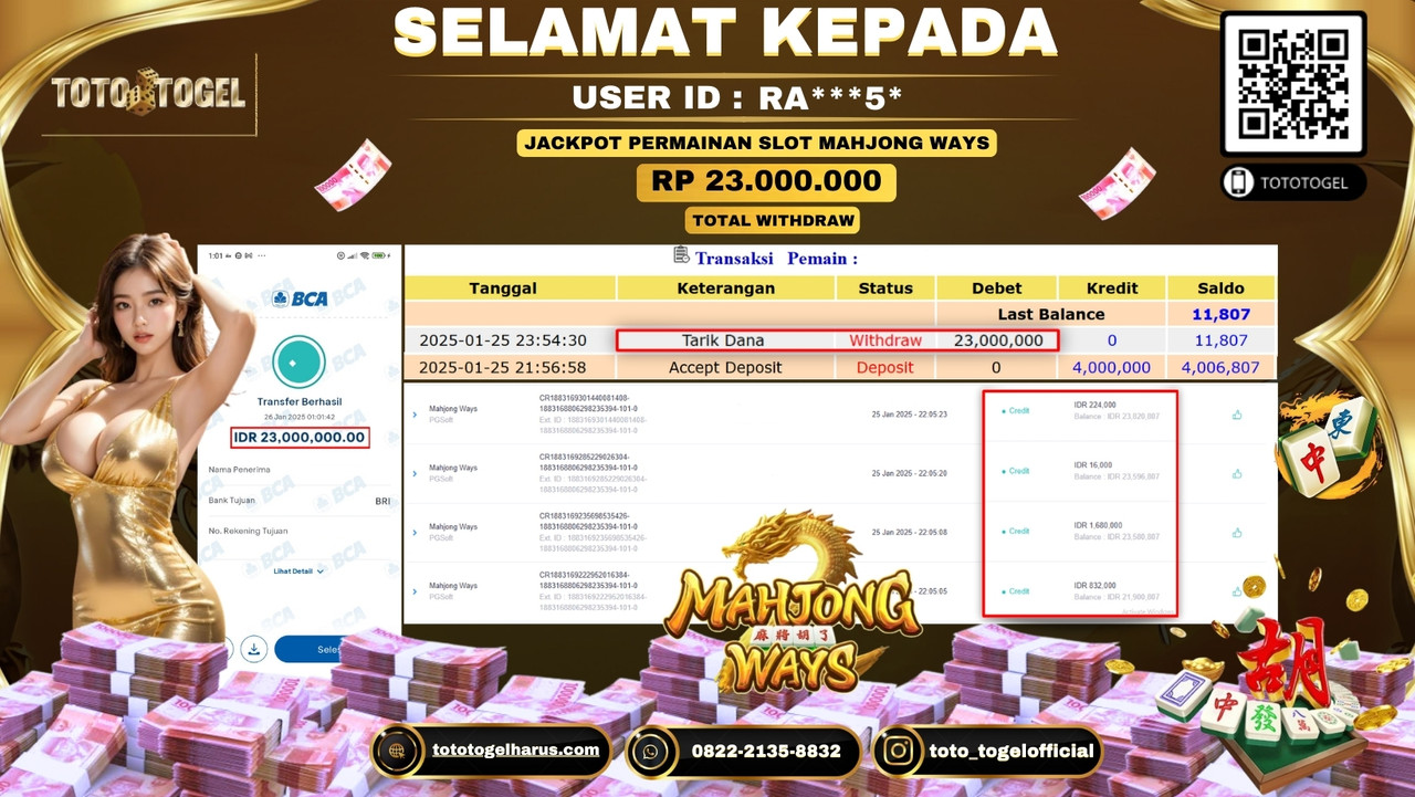 Bukti Pembayaran Jackpot  Permainan Slot Mahjong Ways  ID:RA***5*  LUNAS
