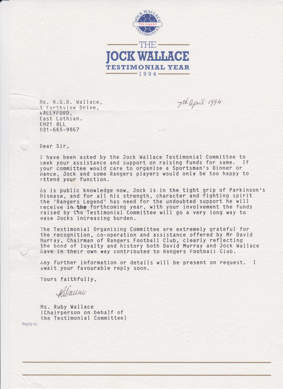 Jock Wallace Testimonial Year letter