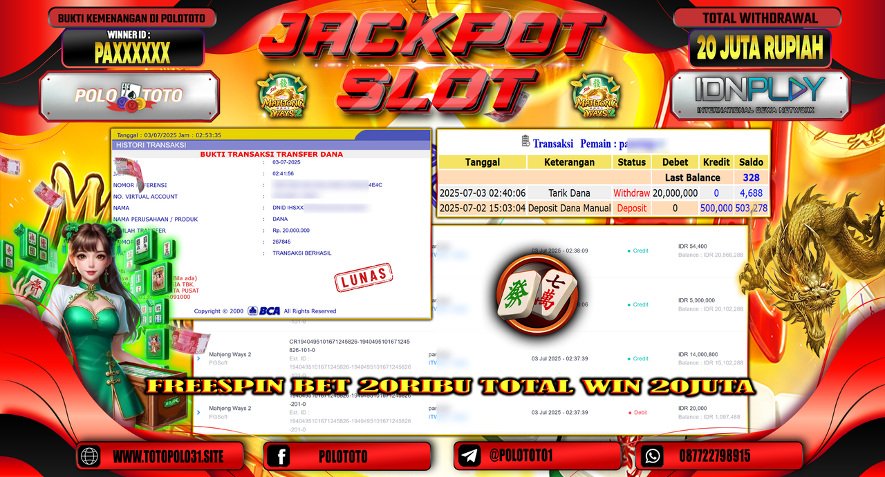 POLOTOTO JACKPOT SLOT MAHJONG WAYS 2 Rp.20.000.000,-