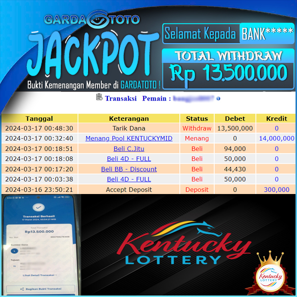 JACKPOT TOGEL DI PASARAN KENTUCKYMID WD Rp 13.500.000,- DIBAYAR LUNAS
