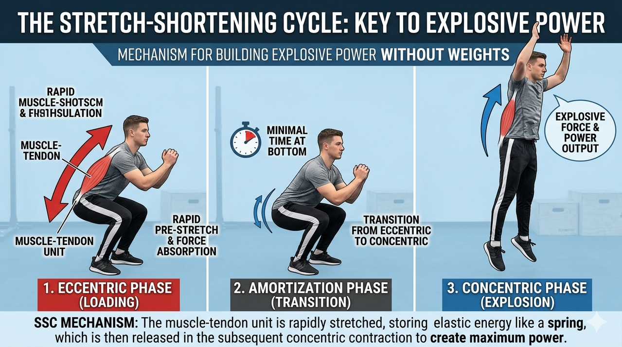 Diagram of Stretch-Shortening Cycle showing eccentric, amortization, and concentric phases for building explosive power without weights