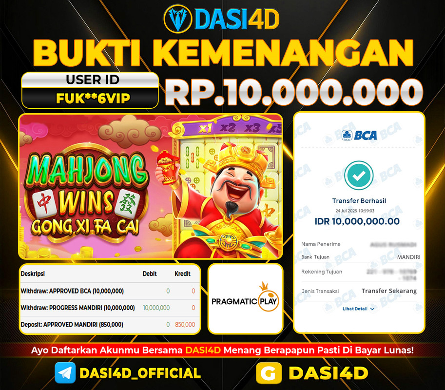 BUKTI KEMENANGAN 24 JULI 2025 DI MAHJONG WINS GONG XI FA CAI  RP 10.000.000