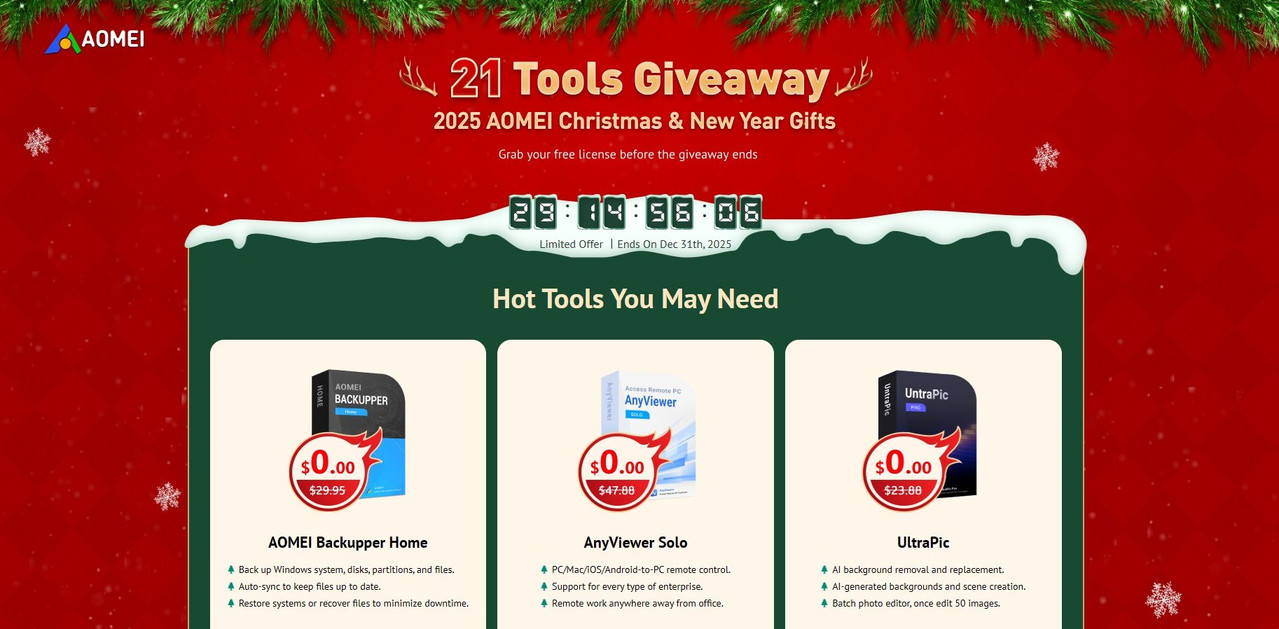 「AOMEI 2025 聖誕限時大放送:21 款付費軟體限時免費下載,一次幫你省下上千美金!」 「AOMEI 2025 聖誕限時大放送:21 款付費軟體限時免費下載,一次幫你省下上千美金!」