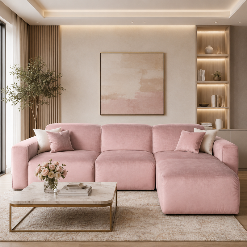 كنبة زاوية على شكل حرف إل مصنوعة من خشب عالى الجودة - اللون زهرى - مقاس 260 / 170 × 90 × 75 سم
