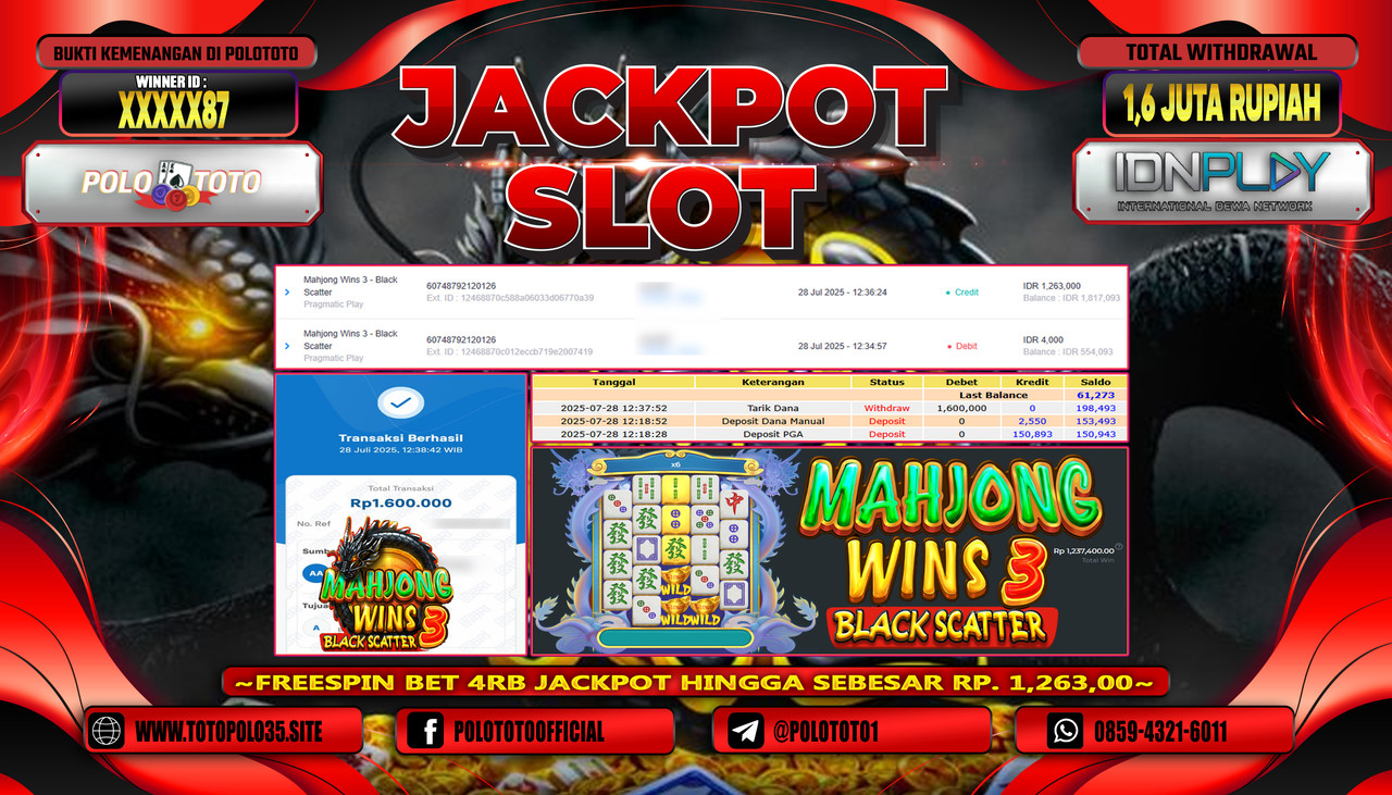 POLOTOTO JACKPOT SLOT MAHJONG WINS 3 - BLACK SCATTER Rp.1.600.000,-LUNAS