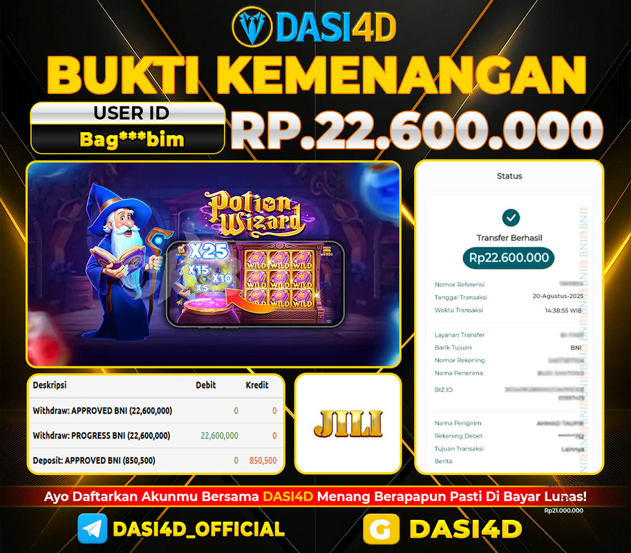 BUKTI KEMENANGAN 20 AGUSTUS 2025 DI POTION WIZARD WD 22.600.000