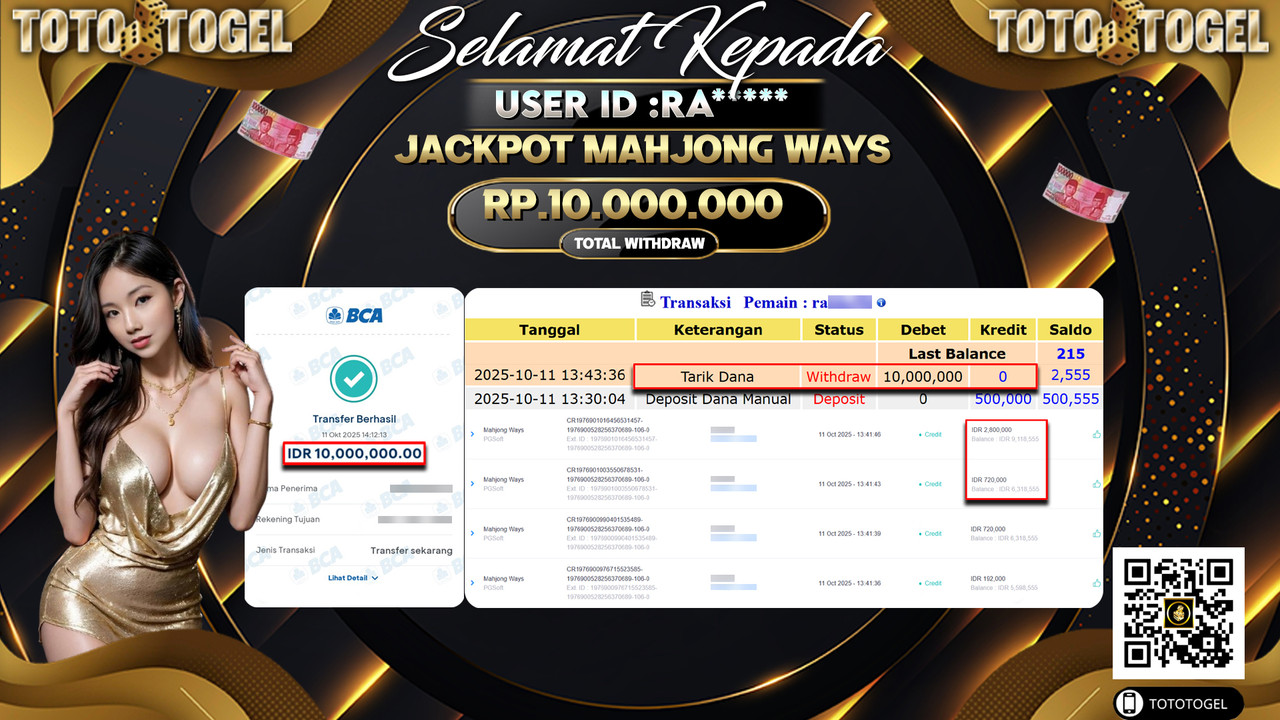 Bukti Pembayaran Jackpot Permainan Slot Mahjong Ways ID:RA**** LUNAS